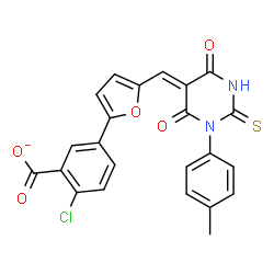 ChemSpider 2D Image | 2-Chloro-5-(5-{(Z)-[1-(4-methylphenyl)-4,6-dioxo-2-thioxotetrahydro-5(2H)-pyrimidinylidene]methyl}-2-furyl)benzoate | C23H14ClN2O5S