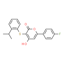 ChemSpider 2D Image | 6-(4-Fluorophenyl)-4-hydroxy-3-[(2-isopropylphenyl)sulfanyl]-2H-pyran-2-one | C20H17FO3S
