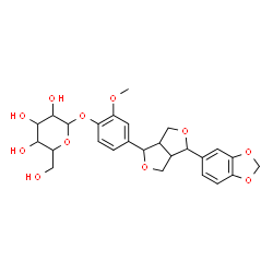 ChemSpider 2D Image | 4-[4-(1,3-Benzodioxol-5-yl)tetrahydro-1H,3H-furo[3,4-c]furan-1-yl]-2-methoxyphenyl hexopyranoside | C26H30O11