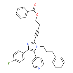 ChemSpider 2D Image | 4-[4-(4-Fluorophenyl)-1-(3-phenylpropyl)-5-(4-pyridinyl)-1H-imidazol-2-yl]-3-butyn-1-yl benzoate | C34H28FN3O2