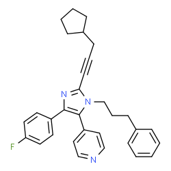 ChemSpider 2D Image | 4-[2-(3-Cyclopentyl-1-propyn-1-yl)-4-(4-fluorophenyl)-1-(3-phenylpropyl)-1H-imidazol-5-yl]pyridine | C31H30FN3