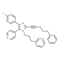 ChemSpider 2D Image | 4-[4-(4-Fluorophenyl)-2-(5-phenyl-1-pentyn-1-yl)-1-(3-phenylpropyl)-1H-imidazol-5-yl]pyridine | C34H30FN3