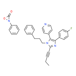 ChemSpider 2D Image | 2-Phenyl-3-oxaziridinone - 4-[2-(1-butyn-1-yl)-4-(4-fluorophenyl)-1-(3-phenylpropyl)-1H-imidazol-5-yl]pyridine (1:1) | C34H29FN4O2