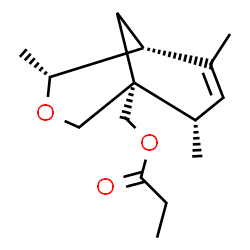 ChemSpider 2D Image | [(1R,4R,5R,8S)-4,6,8-Trimethyl-3-oxabicyclo[3.3.1]non-6-en-1-yl]methyl propionate | C15H24O3