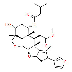 ChemSpider 2D Image | (2aR,3R,5S,5aR,6R,6aR,9aR,10aS,10bR,10cR)-8-(3-Furyl)-3-hydroxy-6-(2-methoxy-2-oxoethyl)-2a,5a,6a,7-tetramethyl-2a,4,5,5a,6,6a,8,9,9a,10a,10b,10c-dodecahydro-2H,3H-cyclopenta[b]furo[2',3',4':4,5]napht
ho[2,3-d]furan-5-yl 3-methylbutanoate | C32H44O8