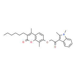 ChemSpider 2D Image | 7-[2-(1,2-Dimethyl-1H-indol-3-yl)-2-oxoethoxy]-3-hexyl-4,8-dimethyl-2H-chromen-2-one | C29H33NO4