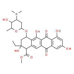 ChemSpider 2D Image | Methyl 2-ethyl-2,5,7,9-tetrahydroxy-6,11-dioxo-4-{[2,3,6-trideoxy-3-(dimethylamino)hexopyranosyl]oxy}-1,2,3,4,6,11-hexahydro-1-tetracenecarboxylate | C30H35NO11