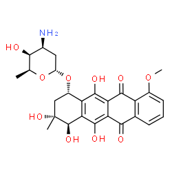 ChemSpider 2D Image | (1S,3R,4R)-3,4,5,12-Tetrahydroxy-10-methoxy-3-methyl-6,11-dioxo-1,2,3,4,6,11-hexahydro-1-tetracenyl 3-amino-2,3,6-trideoxy-alpha-L-lyxo-hexopyranoside | C26H29NO10
