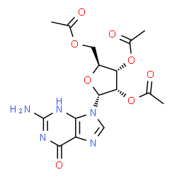 ChemSpider 2D Image | 2-Amino-9-(2,3,5-tri-O-acetyl-alpha-L-ribofuranosyl)-3,9-dihydro-6H-purin-6-one | C16H19N5O8