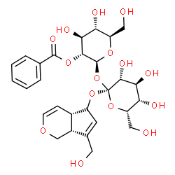 ChemSpider 2D Image | (2S,3R,4S,5S,6R)-4,5-Dihydroxy-6-(hydroxymethyl)-2-{[(2R,3R,4S,5S,6S)-3,4,5-trihydroxy-6-(hydroxymethyl)-2-{[(4aR,7aR)-7-(hydroxymethyl)-1,4a,5,7a-tetrahydrocyclopenta[c]pyran-5-yl]oxy}tetrahydro-2H-p
yran-2-yl]oxy}tetrahydro-2H-pyran-3-yl benzoate | C28H36O15