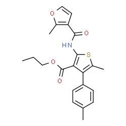 ChemSpider 2D Image | Propyl 5-methyl-2-[(2-methyl-3-furoyl)amino]-4-(4-methylphenyl)-3-thiophenecarboxylate | C22H23NO4S