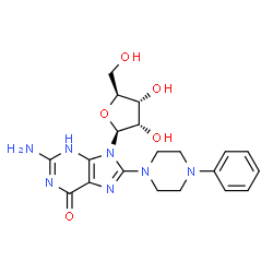 ChemSpider 2D Image | 2-Amino-8-(4-phenyl-1-piperazinyl)-9-(beta-L-ribofuranosyl)-3,9-dihydro-6H-purin-6-one | C20H25N7O5