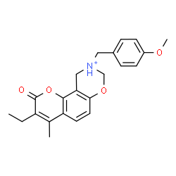 ChemSpider 2D Image | 3-Ethyl-9-(4-methoxybenzyl)-4-methyl-2-oxo-9,10-dihydro-2H,8H-chromeno[8,7-e][1,3]oxazin-9-ium | C22H24NO4