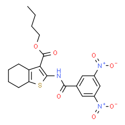 ChemSpider 2D Image | Butyl 2-[(3,5-dinitrobenzoyl)amino]-4,5,6,7-tetrahydro-1-benzothiophene-3-carboxylate | C20H21N3O7S