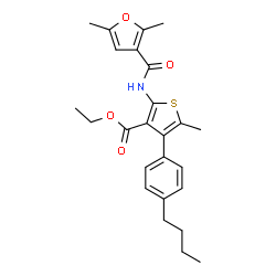 ChemSpider 2D Image | Ethyl 4-(4-butylphenyl)-2-[(2,5-dimethyl-3-furoyl)amino]-5-methyl-3-thiophenecarboxylate | C25H29NO4S