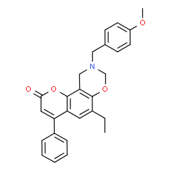 ChemSpider 2D Image | 6-Ethyl-9-(4-methoxybenzyl)-4-phenyl-9,10-dihydro-2H,8H-chromeno[8,7-e][1,3]oxazin-2-one | C27H25NO4