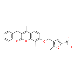 ChemSpider 2D Image | 4-{[(3-Benzyl-4,8-dimethyl-2-oxo-2H-chromen-7-yl)oxy]methyl}-5-methyl-2-furoic acid | C25H22O6