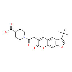 ChemSpider 2D Image | 1-{[5-Methyl-3-(2-methyl-2-propanyl)-7-oxo-7H-furo[3,2-g]chromen-6-yl]acetyl}-4-piperidinecarboxylic acid | C24H27NO6