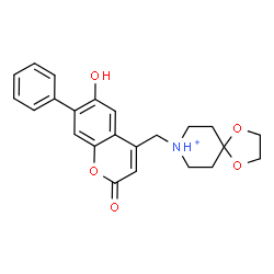 ChemSpider 2D Image | 8-[(6-Hydroxy-2-oxo-7-phenyl-2H-chromen-4-yl)methyl]-1,4-dioxa-8-azoniaspiro[4.5]decane | C23H24NO5