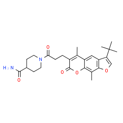 ChemSpider 2D Image | 1-{3-[5,9-Dimethyl-3-(2-methyl-2-propanyl)-7-oxo-7H-furo[3,2-g]chromen-6-yl]propanoyl}-4-piperidinecarboxamide | C26H32N2O5
