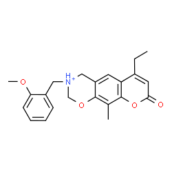 ChemSpider 2D Image | 6-Ethyl-3-(2-methoxybenzyl)-10-methyl-8-oxo-3,4-dihydro-2H,8H-chromeno[6,7-e][1,3]oxazin-3-ium | C22H24NO4