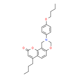 ChemSpider 2D Image | 9-(4-Butoxyphenyl)-4-butyl-9,10-dihydro-2H,8H-chromeno[8,7-e][1,3]oxazin-2-one | C25H29NO4