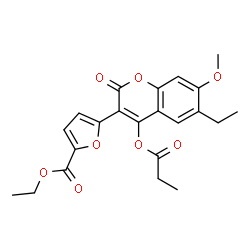 ChemSpider 2D Image | Ethyl 5-[6-ethyl-7-methoxy-2-oxo-4-(propionyloxy)-2H-chromen-3-yl]-2-furoate | C22H22O8