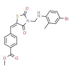 ChemSpider 2D Image | Methyl 4-[(E)-(3-{[(4-bromo-2-methylphenyl)amino]methyl}-2,4-dioxo-1,3-thiazolidin-5-ylidene)methyl]benzoate | C20H17BrN2O4S
