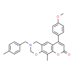ChemSpider 2D Image | 6-(4-Methoxyphenyl)-10-methyl-3-(4-methylbenzyl)-3,4-dihydro-2H,8H-chromeno[6,7-e][1,3]oxazin-8-one | C27H25NO4