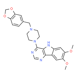 ChemSpider 2D Image | 4-[4-(1,3-Benzodioxol-5-ylmethyl)-1-piperazinyl]-7,8-dimethoxy-5H-pyrimido[5,4-b]indole | C24H25N5O4