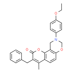 ChemSpider 2D Image | 3-Benzyl-9-(4-ethoxyphenyl)-4-methyl-9,10-dihydro-2H,8H-chromeno[8,7-e][1,3]oxazin-2-one | C27H25NO4