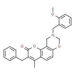 ChemSpider 2D Image | 3-Benzyl-9-(2-methoxybenzyl)-4-methyl-9,10-dihydro-2H,8H-chromeno[8,7-e][1,3]oxazin-2-one | C27H25NO4