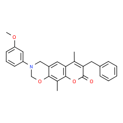 ChemSpider 2D Image | 7-Benzyl-3-(3-methoxyphenyl)-6,10-dimethyl-3,4-dihydro-2H,8H-chromeno[6,7-e][1,3]oxazin-8-one | C27H25NO4