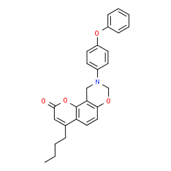 ChemSpider 2D Image | 4-Butyl-9-(4-phenoxyphenyl)-9,10-dihydro-2H,8H-chromeno[8,7-e][1,3]oxazin-2-one | C27H25NO4