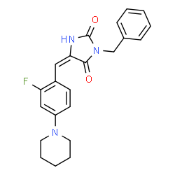 ChemSpider 2D Image | (5E)-3-Benzyl-5-[2-fluoro-4-(1-piperidinyl)benzylidene]-2,4-imidazolidinedione | C22H22FN3O2