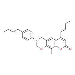 ChemSpider 2D Image | 6-Butyl-3-(4-butylphenyl)-10-methyl-3,4-dihydro-2H,8H-chromeno[6,7-e][1,3]oxazin-8-one | C26H31NO3