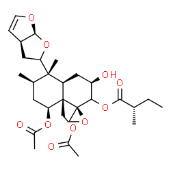 ChemSpider 2D Image | (1R,3R,4aR,5S,6R,8S,8aR)-8-Acetoxy-8a-(acetoxymethyl)-3-hydroxy-5,6-dimethyl-5-[(3aS,6aS)-2,3,3a,6a-tetrahydrofuro[2,3-b]furan-2-yl]octahydro-2H-spiro[naphthalene-1,2'-oxiran]-2-yl (2S)-2-methylbutano
ate | C29H42O10