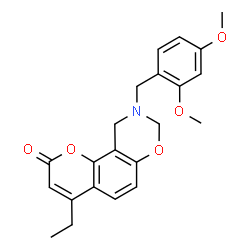ChemSpider 2D Image | 9-(2,4-Dimethoxybenzyl)-4-ethyl-9,10-dihydro-2H,8H-chromeno[8,7-e][1,3]oxazin-2-one | C22H23NO5