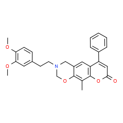 ChemSpider 2D Image | 3-[2-(3,4-Dimethoxyphenyl)ethyl]-10-methyl-6-phenyl-3,4-dihydro-2H,8H-chromeno[6,7-e][1,3]oxazin-8-one | C28H27NO5