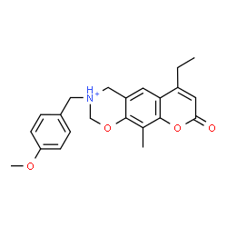 ChemSpider 2D Image | 6-Ethyl-3-(4-methoxybenzyl)-10-methyl-8-oxo-3,4-dihydro-2H,8H-chromeno[6,7-e][1,3]oxazin-3-ium | C22H24NO4