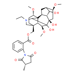 ChemSpider 2D Image | [(1alpha,6beta,10alpha,13alpha,14alpha,16beta,17xi)-20-Ethyl-7,8,14-trihydroxy-1,6,16-trimethoxyaconitan-4-yl]methyl 2-[(3S)-3-methyl-2,5-dioxo-1-pyrrolidinyl]benzoate | C36H48N2O10