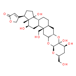 ChemSpider 2D Image | 4-[(1R,3bR,5aS,6aS,7aS,8S,10S,11aS,13aR,13bS,15R,15aS)-3a,7a,8,15-Tetrahydroxy-10,13a-bis(hydroxymethyl)-15a-methylicosahydro-1H,8H-cyclopenta[7,8]phenanthro[2,3-b]pyrano[2,3-e][1,4]dioxin-1-yl]-2(5H)
-furanone | C29H42O11