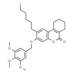 ChemSpider 2D Image | 2-Hexyl-3-[(3,4,5-trimethoxybenzyl)oxy]-7,8,9,10-tetrahydro-6H-benzo[c]chromen-6-one | C29H36O6