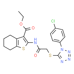ChemSpider 2D Image | Ethyl 2-[({[1-(4-chlorophenyl)-1H-tetrazol-5-yl]sulfanyl}acetyl)amino]-4,5,6,7-tetrahydro-1-benzothiophene-3-carboxylate | C20H20ClN5O3S2