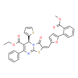 ChemSpider 2D Image | Ethyl (2E,5S)-2-({5-[2-(methoxycarbonyl)phenyl]-2-furyl}methylene)-3-oxo-7-phenyl-5-(2-thienyl)-2,3-dihydro-5H-[1,3]thiazolo[3,2-a]pyrimidine-6-carboxylate | C32H24N2O6S2