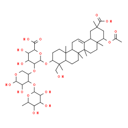ChemSpider 2D Image | 6-{[9-Acetoxy-11-carboxy-4-(hydroxymethyl)-4,6a,6b,8a,11,14b-hexamethyl-1,2,3,4,4a,5,6,6a,6b,7,8,8a,9,10,11,12,12a,14,14a,14b-icosahydro-3-picenyl]oxy}-5-({5,6-dihydroxy-4-[(3,4,5-trihydroxy-6-methylt
etrahydro-2H-pyran-2-yl)oxy]tetrahydro-2H-pyran-3-yl}oxy)-3,4-dihydroxytetrahydro-2H-pyran-2-carboxylic acid | C49H76O20