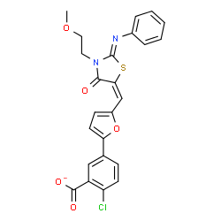 ChemSpider 2D Image | 2-Chloro-5-(5-{(E)-[(2Z)-3-(2-methoxyethyl)-4-oxo-2-(phenylimino)-1,3-thiazolidin-5-ylidene]methyl}-2-furyl)benzoate | C24H18ClN2O5S