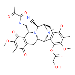 ChemSpider 2D Image | (1S,2S,10R,12R,13R)-12-Cyano-16-hydroxy-7,18-dimethoxy-6,17,21-trimethyl-5,8-dioxo-10-[(pyruvoylamino)methyl]-11,21-diazapentacyclo[11.7.1.0~2,11~.0~4,9~.0~15,20~]henicosa-4(9),6,15,17,19-pentaen-19-y
l glycolate | C31H34N4O10