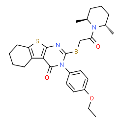 ChemSpider 2D Image | 2-({2-[(2S,6S)-2,6-Dimethyl-1-piperidinyl]-2-oxoethyl}sulfanyl)-3-(4-ethoxyphenyl)-5,6,7,8-tetrahydro[1]benzothieno[2,3-d]pyrimidin-4(3H)-one | C27H33N3O3S2