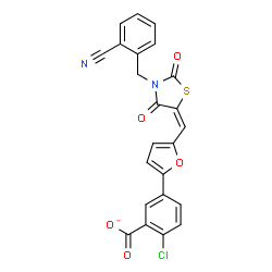 ChemSpider 2D Image | 2-Chloro-5-(5-{(E)-[3-(2-cyanobenzyl)-2,4-dioxo-1,3-thiazolidin-5-ylidene]methyl}-2-furyl)benzoate | C23H12ClN2O5S